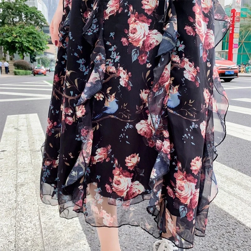 

Tie Dye Printed Patchwork Fashion Black Dress Summer, Spaghetti Strap,Mid-Calf
