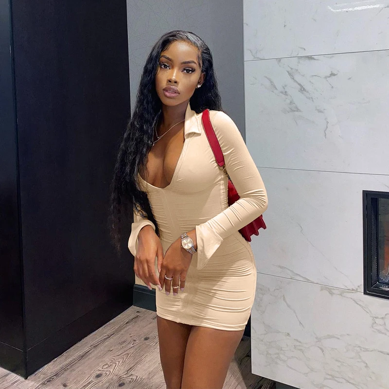 

Deep V Neck Sexy Bodycon Dress Women 2021 Autumn Long Sleeve Ruched Skinny Short Dresses Vintage Casual Robe