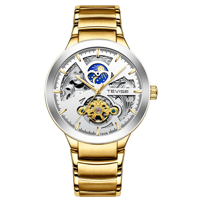 

TEVISE t845b Men's Business Fully Automatic Mechanical Hollow Design Sun Moon Star Steel Belt Watch