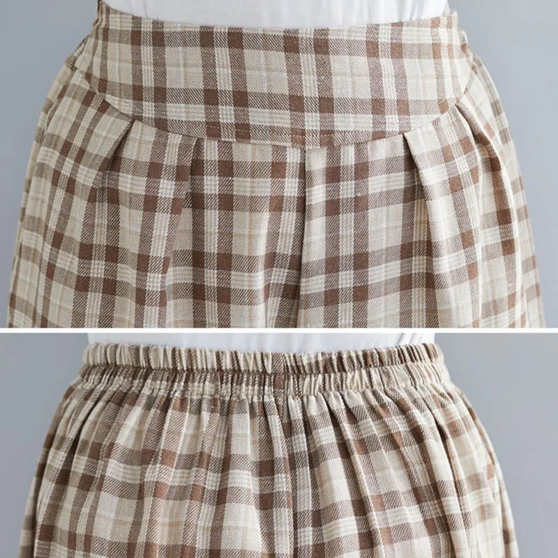 

Women High Waist Wide Leg Pants New Arrival 2021 Spring Simple Style Vintage Plaid Female Cotton Linen Casual Trousers S3380