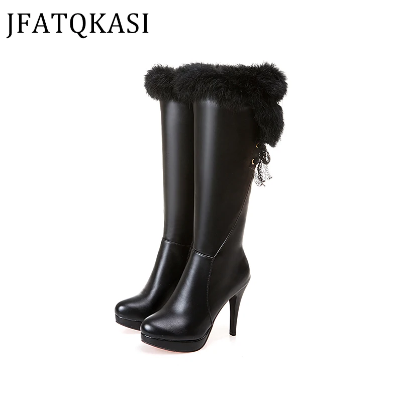 Женские сапоги зимняя обувь кожаные с кроличьим мехом Сапоги выше колена на