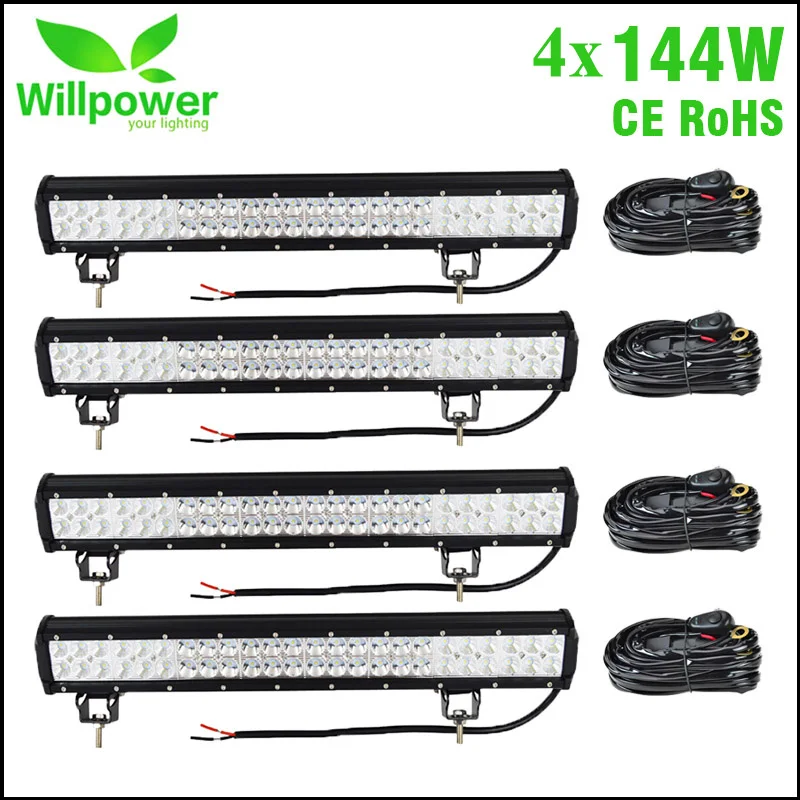 4pcs with wire IP67 Водонепроницаемый 4x4 автомобиль Комбинированный луч двойной ряд 144 Вт 24 дюйма внедорожный светодиодный светильник бар пикап вождения противотуманный светильник DRLFor JEEP - Цвет: 4pcs with wire