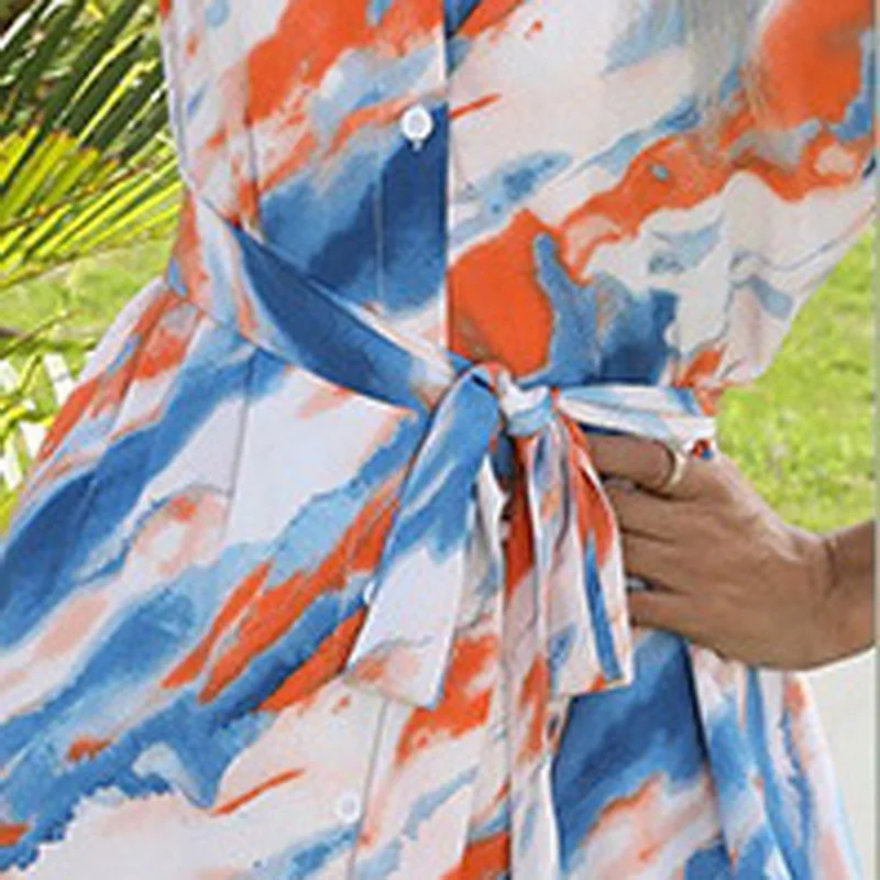 

Summer Tie-dye Printed V-neck Long Chiffon Dress Long Sleeves Single-breasted Shirt Dress Female Split Sexy Party Dress Robe