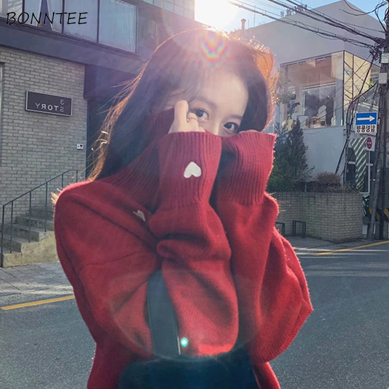Turtleneck Sweater Women Printed Embroidery Simple Korean Style Harajuku Soft Warm Loose Students Streetwear Knitted Womens Chic | Женская