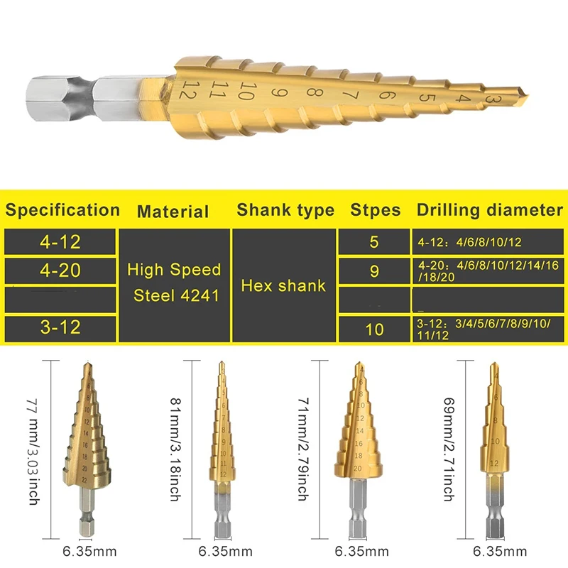 Step Drill Bit 3-12mm 4-12mm 4-20mm 4-32mm HSS Straight Groove Titanium Coated Wood Metal Hole Cutter Drilling Power Tools Set |