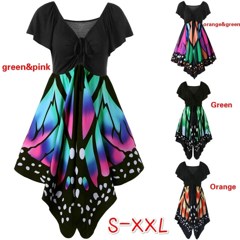 Женское платье с коротким рукавом асимметричным принтом бабочки на шнуровке