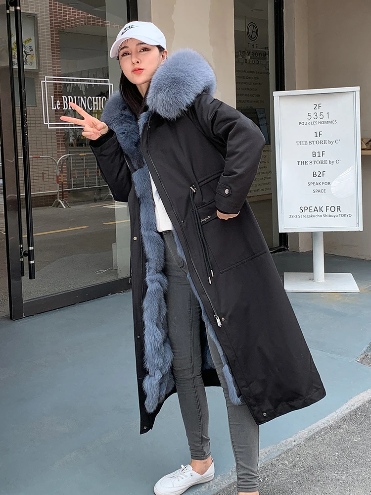 2020 New Style Ankle Long Real Fur Coat Women's Winter Fox Fur Liner Parkas Hood Over The Knee Detachable Jacket Thick Warm Fur