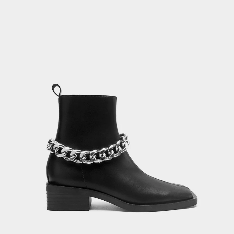 

2021 new autumn boots leather white chain flat bottom short leather boots square head zipper thick heel british women boots