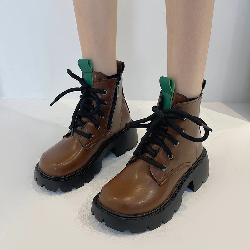 

British Style Platform Ankle Boots Women Fashion Leather Lace Up Thick Heels Boots Woman Shoes Zipper Motorcycle Booties Mujer