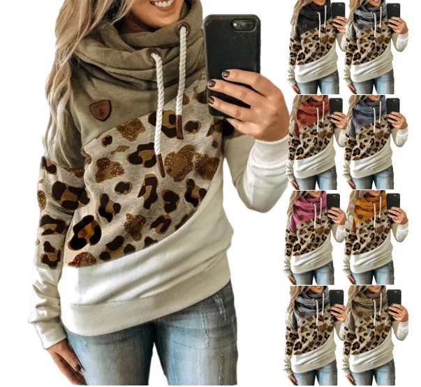 Leopard Print Stitching Hooded Loose Women Sweatshirt 2020 Autumn/Winter New Style Clothing Street Fashion Casual Ladies Tops
