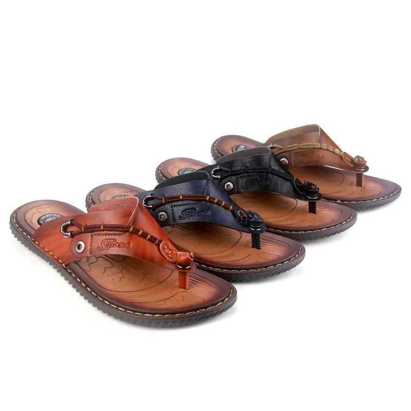 

Summer Men Slippers High Quality genuine leather Durable Rubber sole Beach Casual Sport Flip Flops Male Outdoor Mens Flip Flops