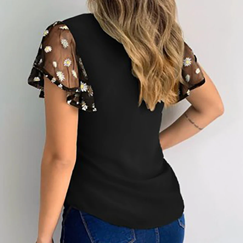 

Women T-Shirts Elegant Butterfly Short Sleeves Ladies Loose Floral Embroidery Casual Summer Female Tops Solid Color Hollow Out