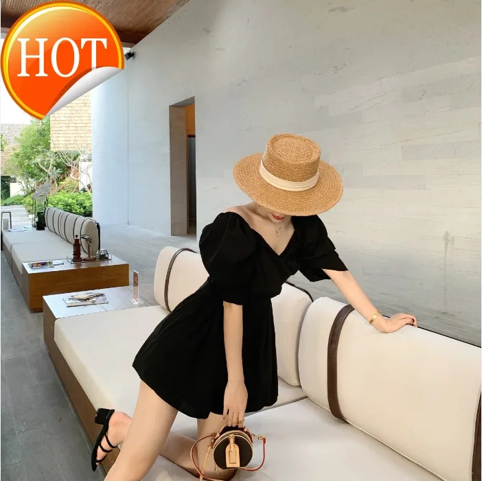 

High waist pleated wide leg shorts women's new French design bubble sleeve off shoulder Jumpsuit