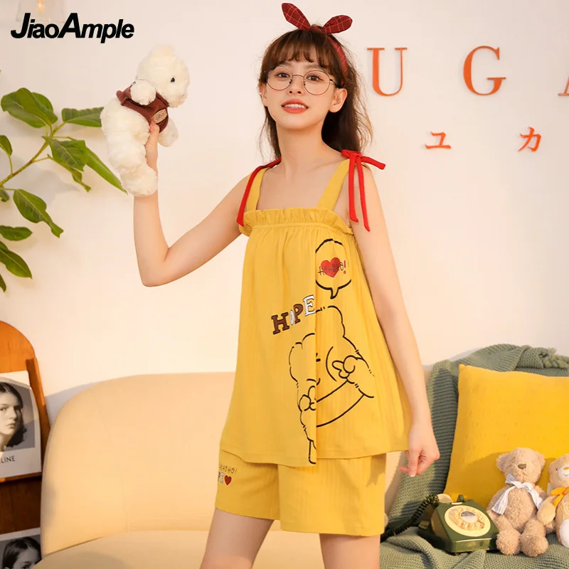 Summer Thin Knitted Cotton Pajamas Women Cartoon Cute Nightie 2021 New Suspender Shorts Sleepwear Two-Piece Casual Home Clothes