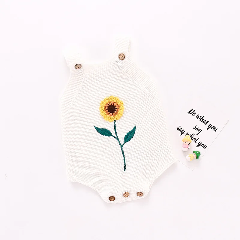 

Toddler Summer Outfit Wool Knitting Suspenders Strap Sleeveless Rompers with Sunflower Decoration for Baby Girls Boys 0-18 M