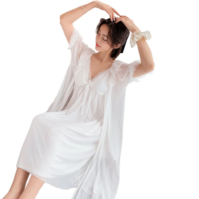 

2020 Women`s Mesh Slip Nightdress Chest Pad Pijamas Female Summer Lace Princess Sexy Leisure Tops Silk Dress Lounge Wear Set