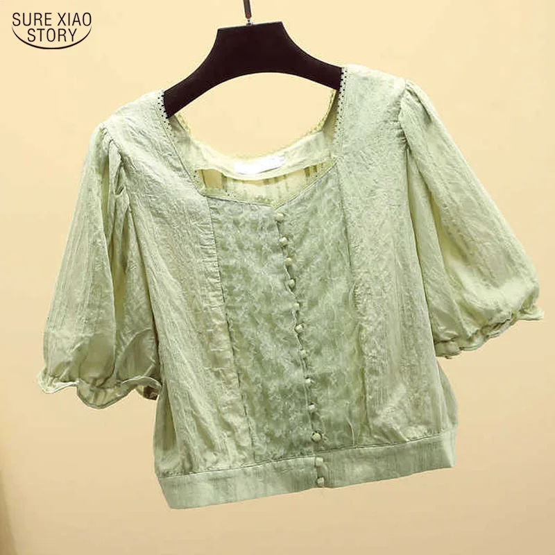 

Summer Square Collar Top Woman New Chiffon Blouse Solid Lantern Sleeve Short Women's Shirts Short Sleeve Clothes Blusa 9880