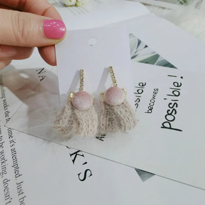 2019 New Korea Style Manual Weaving Wool Pink Mink Hair Student Drop Earrings for Girl Women Fashion Jewelry Accessories | Украшения и