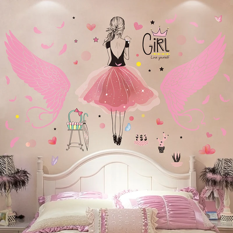 

[shijuekongjian] Pink Feather Wings Wall Sticker DIY Cartoon Gilr Wall Decals for Kids Rooms Baby Bedroom House Decoration