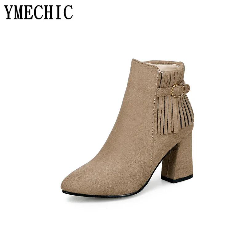 

YMECHIC 2018 Autumn Fringe Buckle Strap Stable Hoof High Heels Flock Ankle Short Boots Female Green Red Women Shoes Large Size