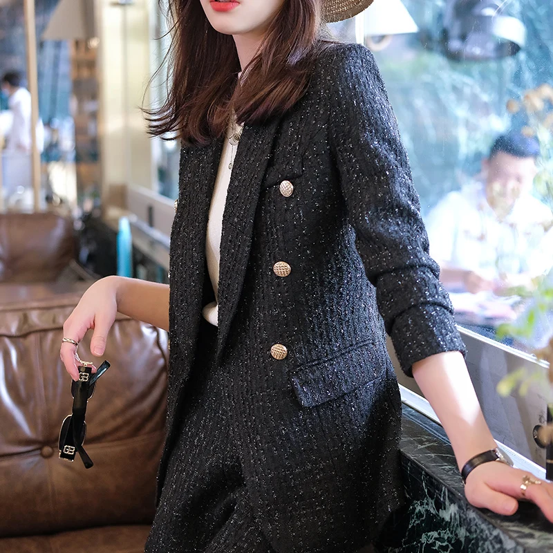 Boliyae Suit with Shorts for Women Spring and Autumn New Plaid Tweed Long Sleeve Blazer Sets Fashion Double Breasted Jacket Tops