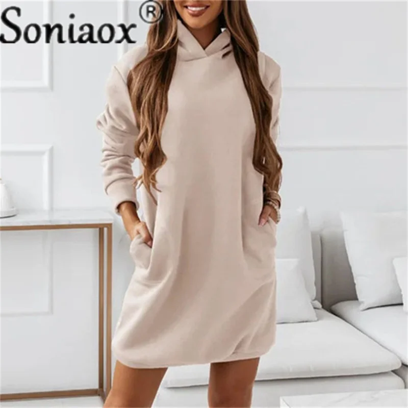 Купи Women Hooded Long Sleeve Sweatshirt Dress Autumn Winter New Solid Casual Loose Straight Fashion Oversize Streetwear Vestidos за 584 рублей в магазине AliExpress