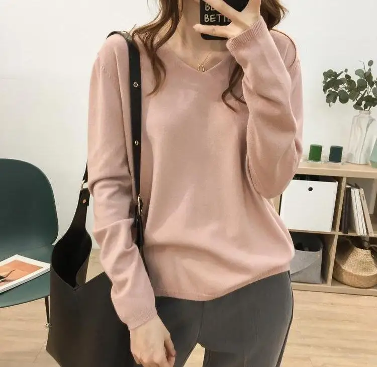 Свитер женский кашемировый с V-образным вырезом и длинным рукавом вязаный свитер