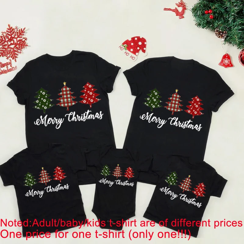 Christmas Tree Family Matching Clothes Cotton Look Mom Dad and Me Kids Short Sleeves Tshirt Baby Rompers Outfits | Мать и ребенок