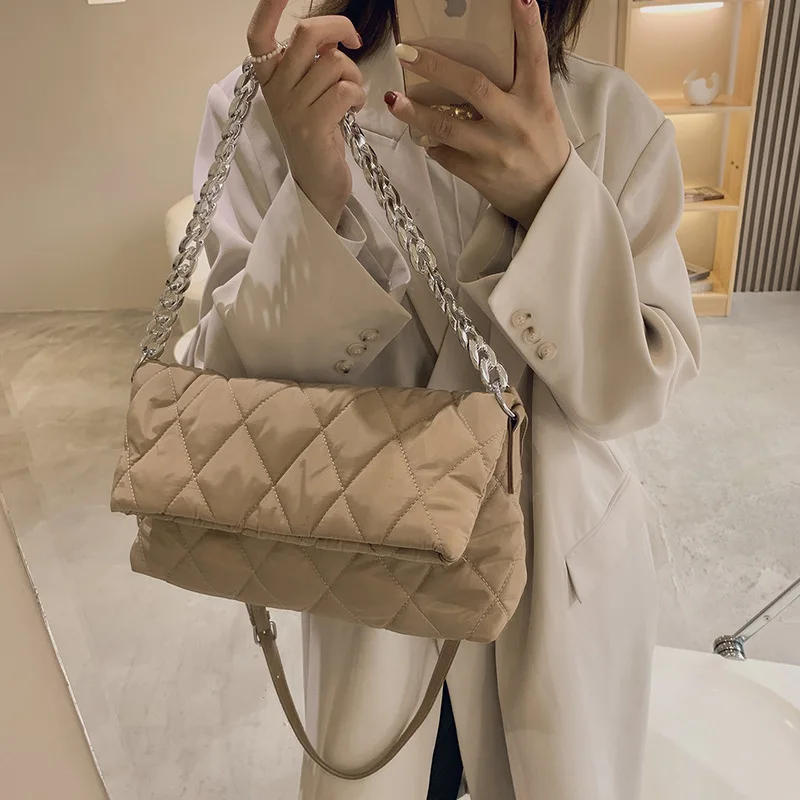 2021 ladies shoulder bag cotton padded handbag tote bag winter ladies casual diamond chain nylon crossbody bag quilted