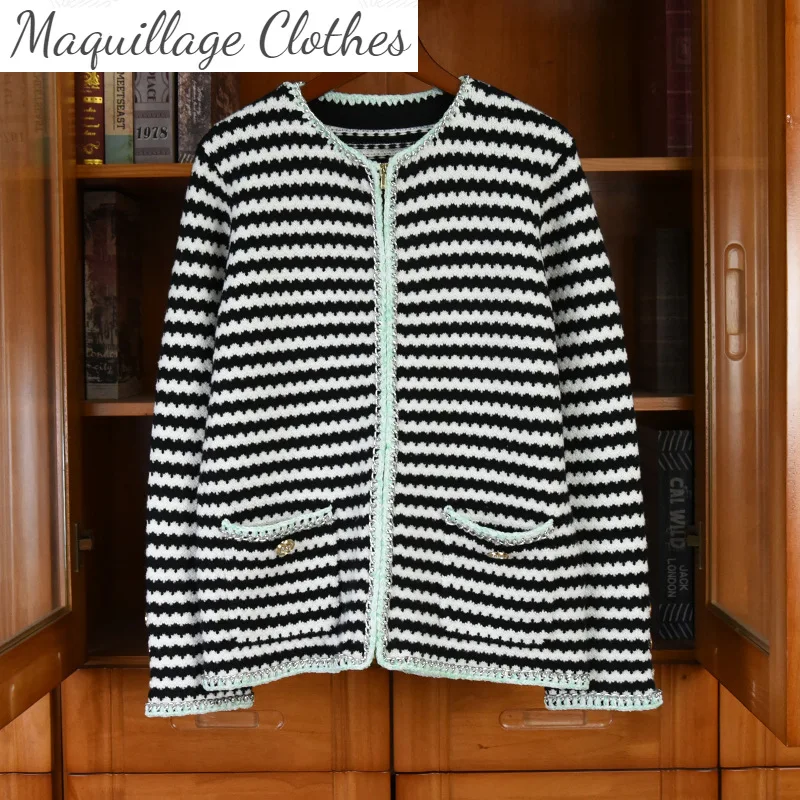 

2021 Весенняя женская элегантная офисная обувь с О-образным вырезом шерстяное вязаное пальто Высокое качество Полосатые кардиганы Топ C802