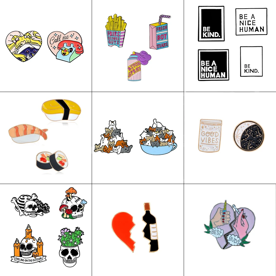 

2-4pcs/set Sushi Broken heart Wine Bottle cat Skeleton be kind Spray Drink Animal Brooch Pin set Enamel Pin Badge Women Men