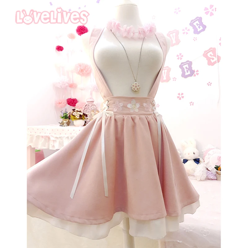 

Japanese Style Cute Sweet Lolita Girls Short Skirt Sakura Embroidery Young Girl Bestie Ribbon Suspender Skirt Dress Free Ship