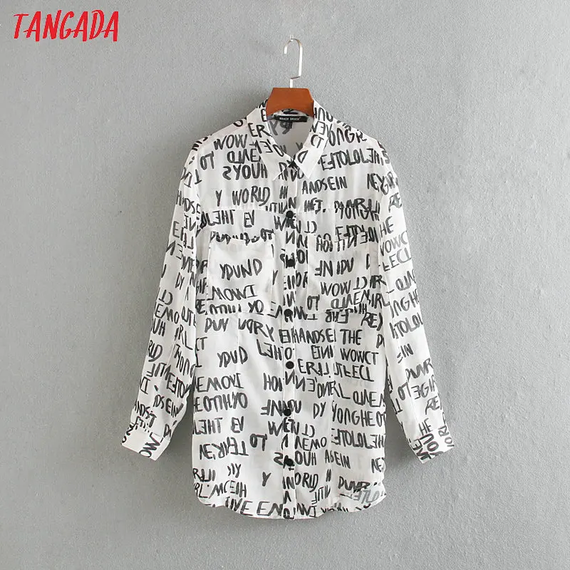 Tangada, Женская винтажная блуза с буквенным принтом, корейская мода, женские повседневные длинные рубашки, женские шикарные топы CE129