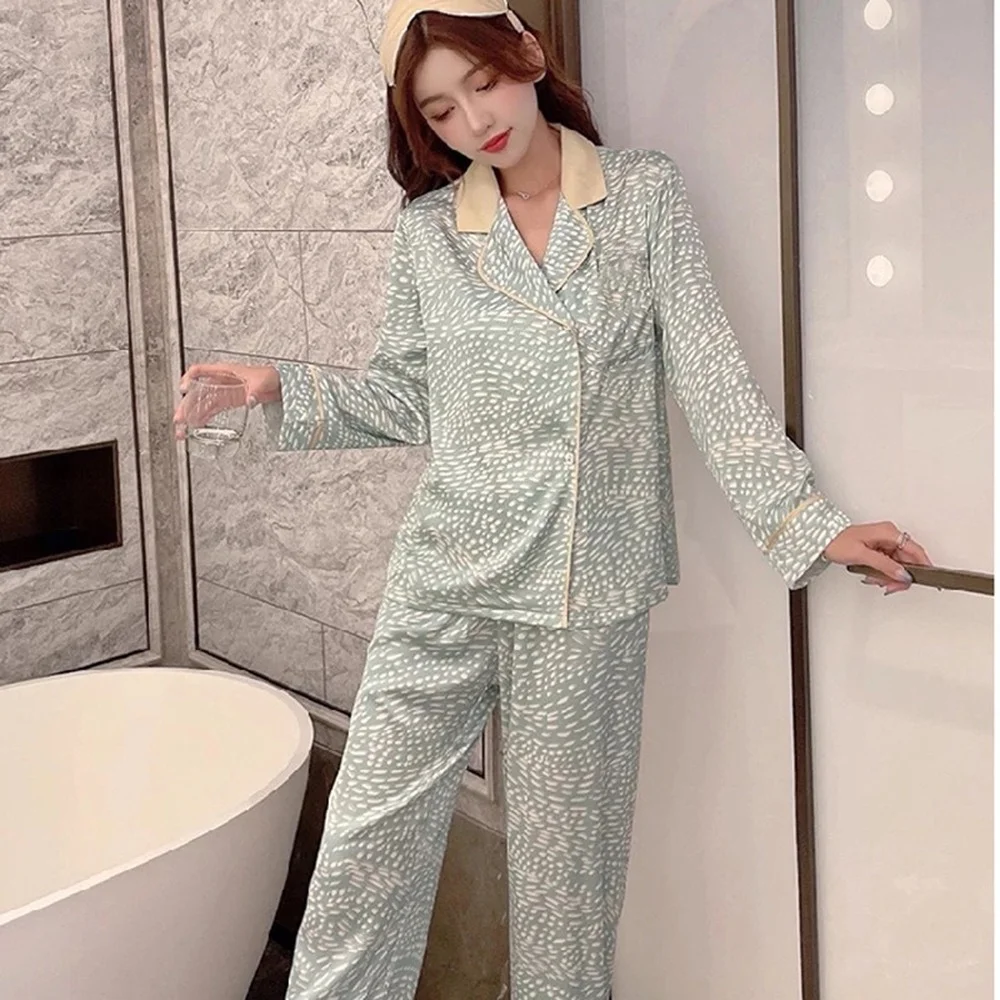 Ice Silk Pajamas for Women's High-end Cardigan Long-sleeved Trousers Hot Style Suit Home Service Top Quality Women's Pajamas Set