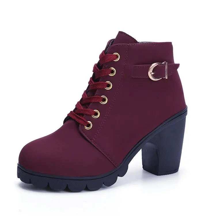 

Boots Women Shoes Fashion Thick High Heel Lace Up Ankle Boots Ladies Buckle Artificial Leather Round Toe Martin Boots