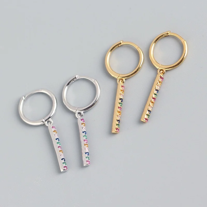 

Sterling Silver 925 Rainbow Zircon Long Strip Small Hoop Earrings for Women Fancy Coloured CZ Diamond Earrings Fine Jewelry Gift
