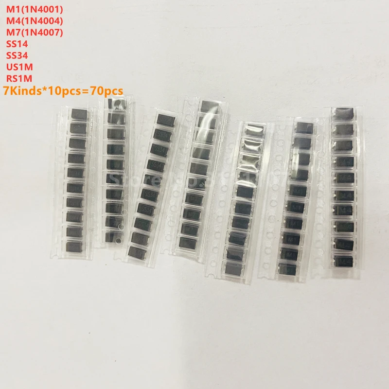 70 шт./лот диод поверхностного монтажа пакет M1(1N4001) и M4(1N4004) M7(1N4007) SS14 US1M RS1M SS34 Kit 7