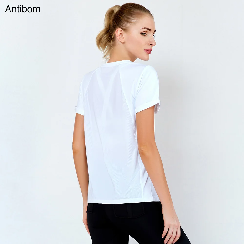 

Antibom Woman T-Shirts Short Sleeve Fitness Sports Quick Dry Loose Yoga Top Polyester Fabric Solid Clothes Female Breathable New