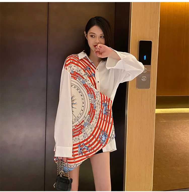 

Spring and Summer Retro Stitching Shirt Loose Plus Size Shirt for Women Womens Tops Button Up Shirt Ladies Tops Korean Fashion