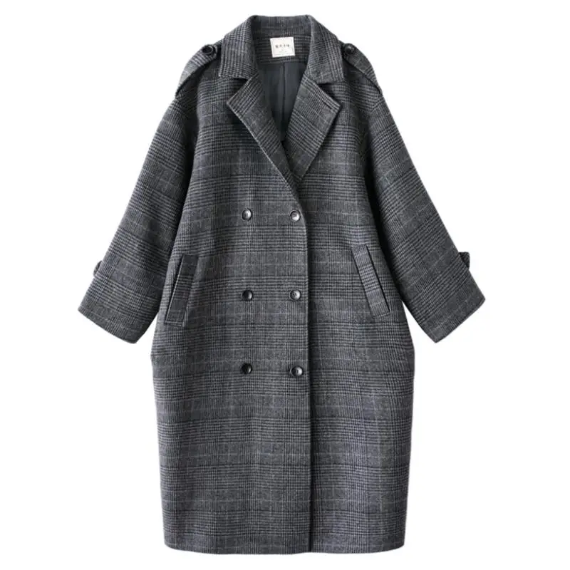 

2020 new autumn and winter popular all-match plaid woolen coat women's mid-length Hepburn style thickened knee woolen coat