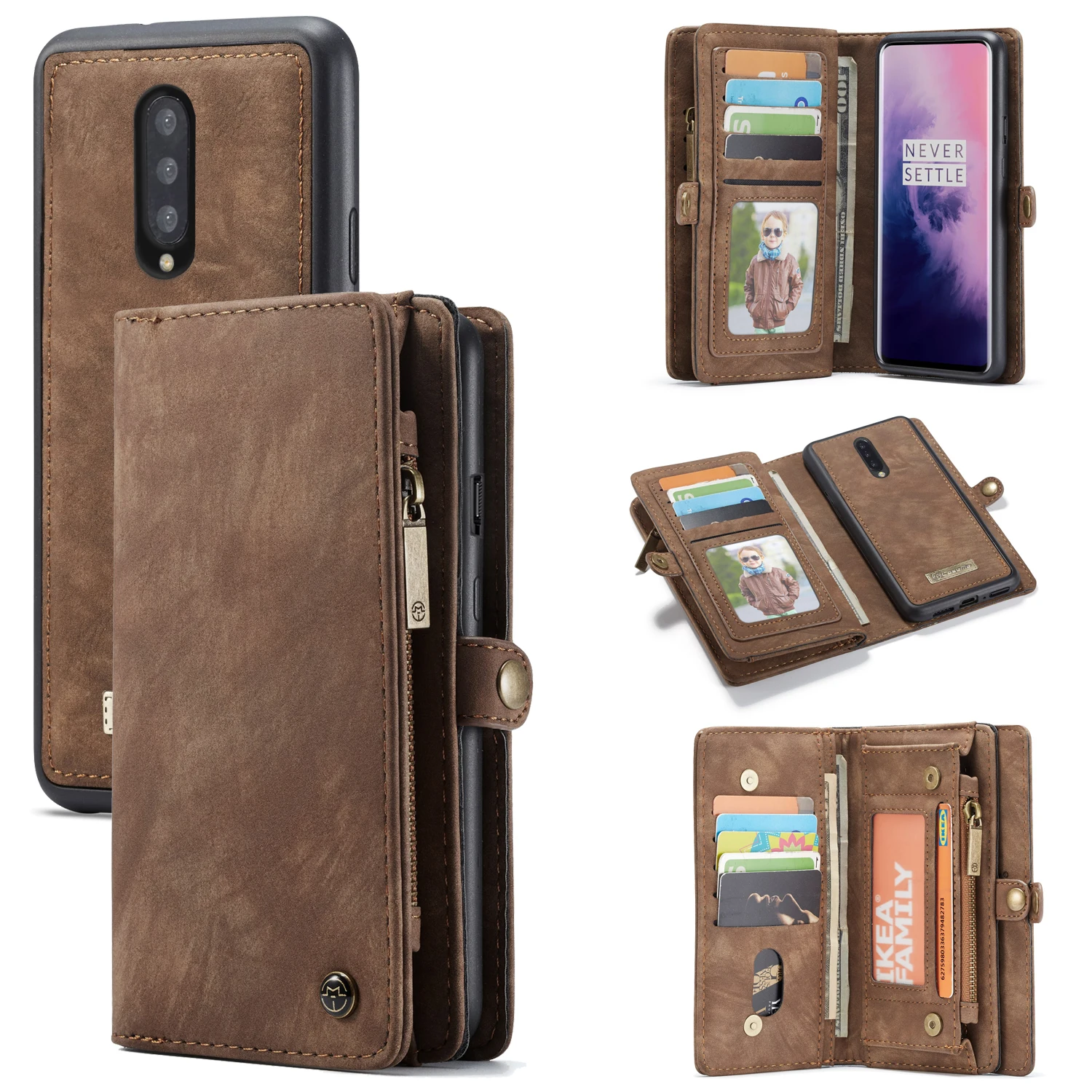 

Universal Luxury Business Wallet Leather Phone Case For Oneplus 7 Pro Credit Card Zipper Phone Bag Phone Pouch Cover