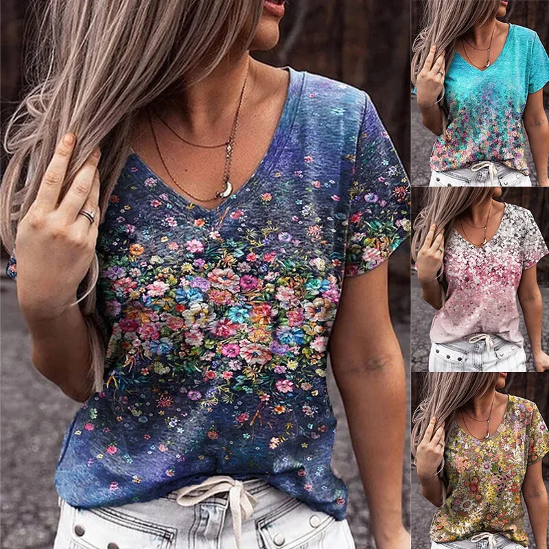 

Women Summer Casual Tee Short Sleeve Women T-Shirts Flower Print Street Tops Female V-Neck Loose T-Shirt 5XL Plus Size