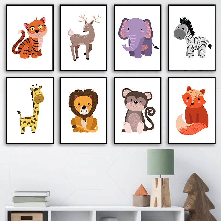 

Cartoon Tiger Lion Giraffe Elephant Deer Fox Wall Art Canvas Painting Nordic Posters And Prints Wall Pictures Kids Room Decor
