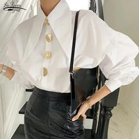 korean fashion elegant blouse retro loose autumn thin all match tops lapel turn down collar lantern sleeve casual shirt 17845