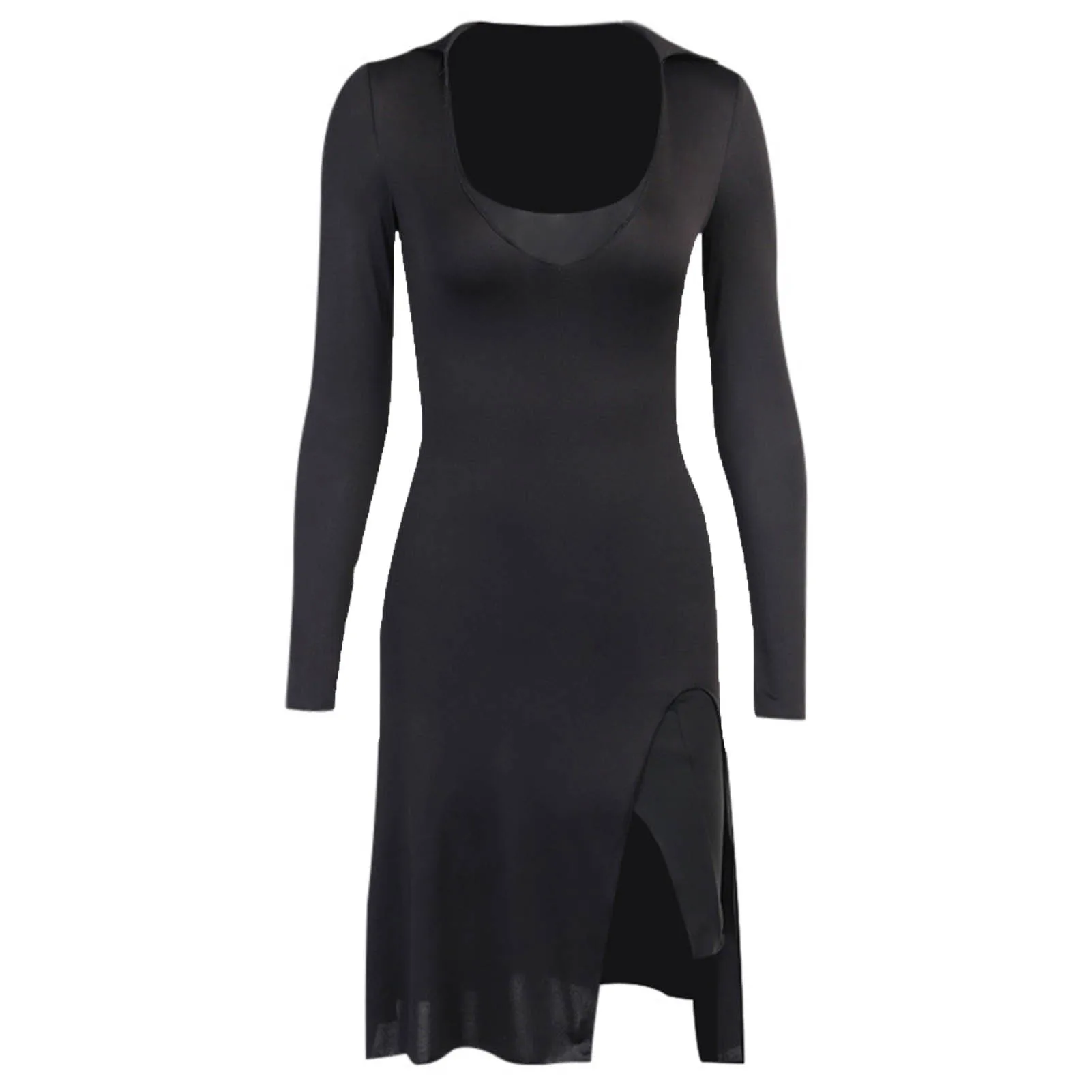 

Women Sexy Long Sleeve Scoop Neck Solid Color Split Hem Mini Bodycon Party Dress