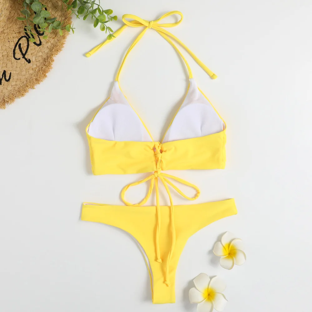 

Bathing Suit Sexy Thong Bikinis 2021 Women Padded Swimsuit Solid Brazilian Swimwear Blue Two Piece Yellow Summer Beachwear