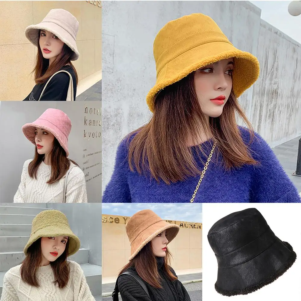 

Women Winter Reversible Double Sided Bucket Hat Solid Color Thick Faux Fleece Wide Brim Sunscreen Packable Fisherman Cap