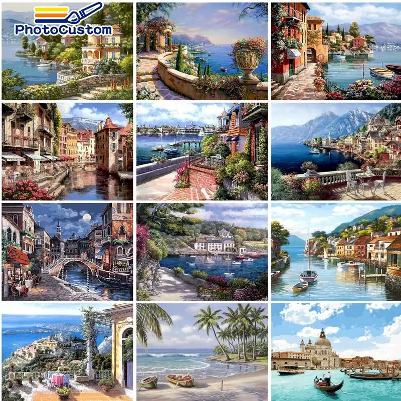 

PhotoCustom DIY Sea Scenery Painting By Numbers For Adult Acylic DIY Wall Art Picture By Number Art Diy Gift on Canvas