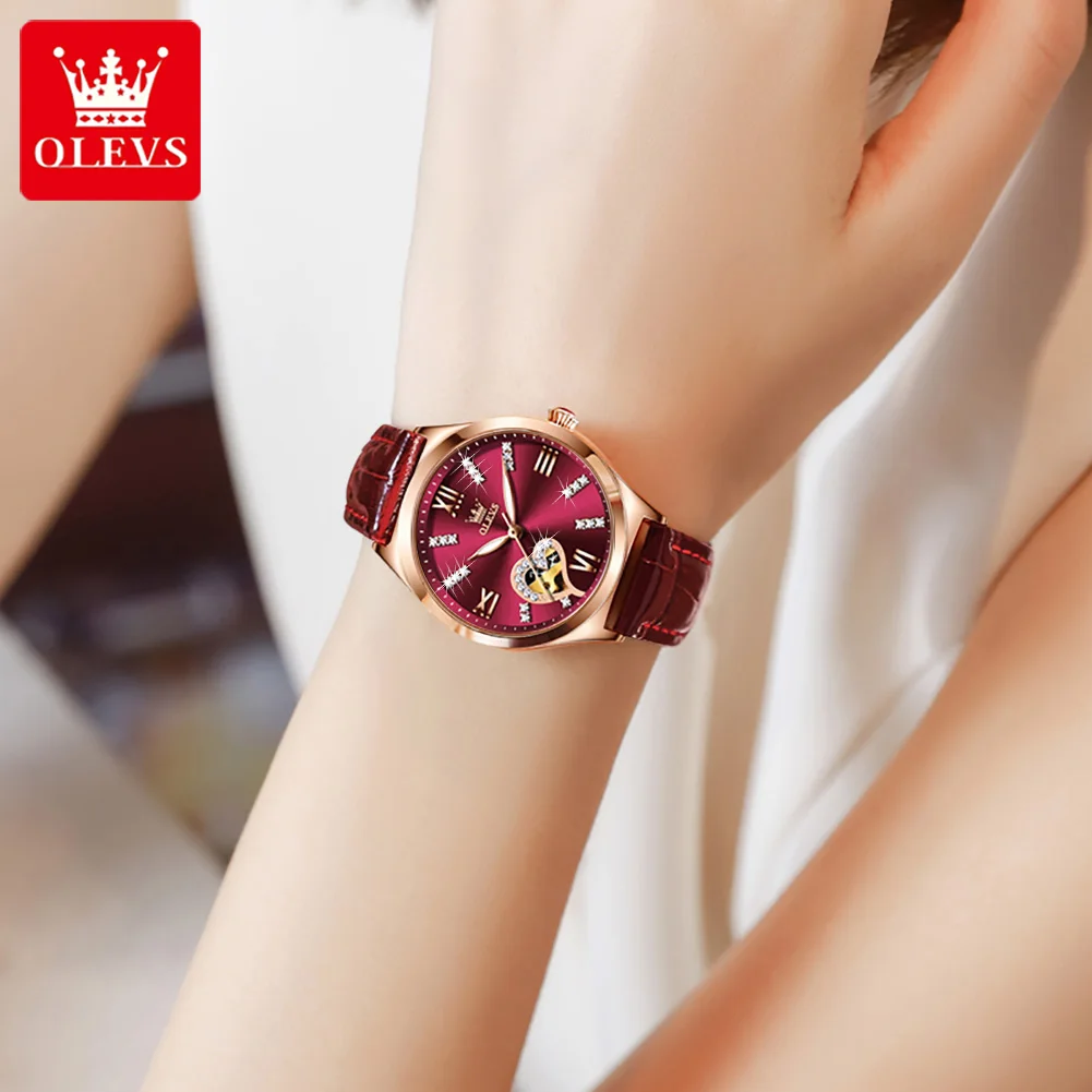 OLEVS Ladies Watch Formal Gold Watch Ladies Luxury Crystal Diamond Watch Leather Red Clock Ladies Waterproof Montre Femme 2021 enlarge