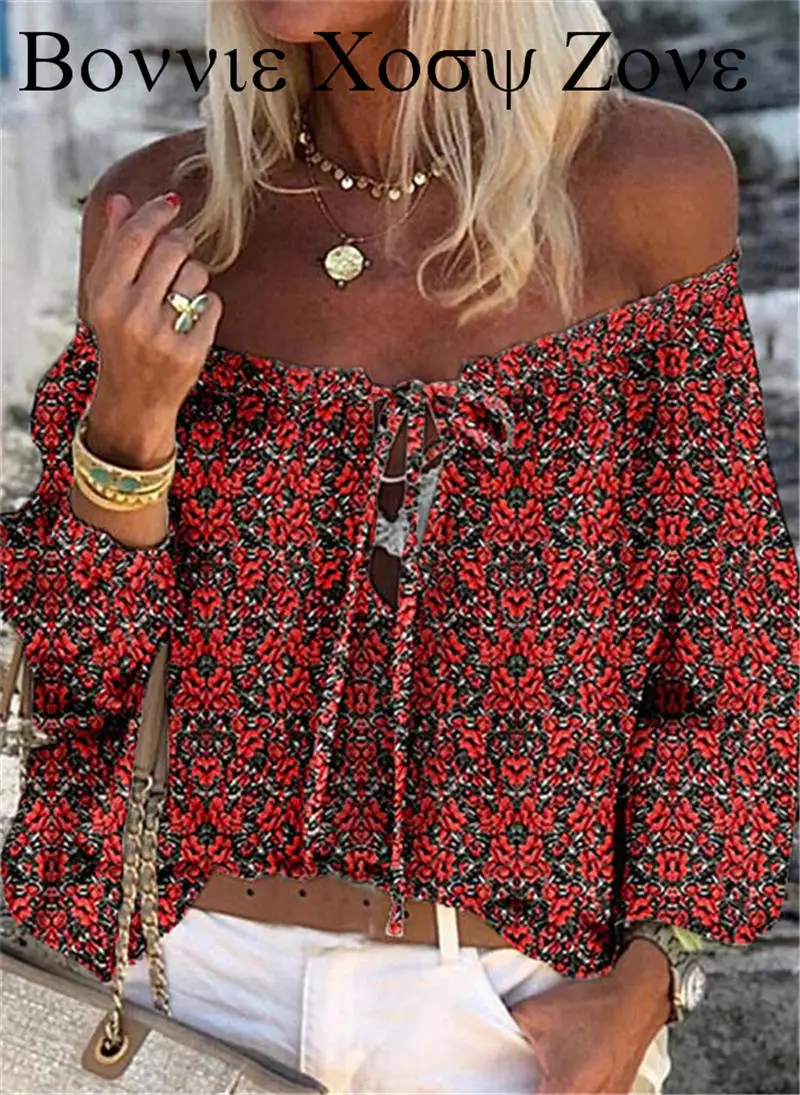 

Women Floral Print Off Shoulder Lace Up Top Long Sleeve Casual Chic Shirt Blouse